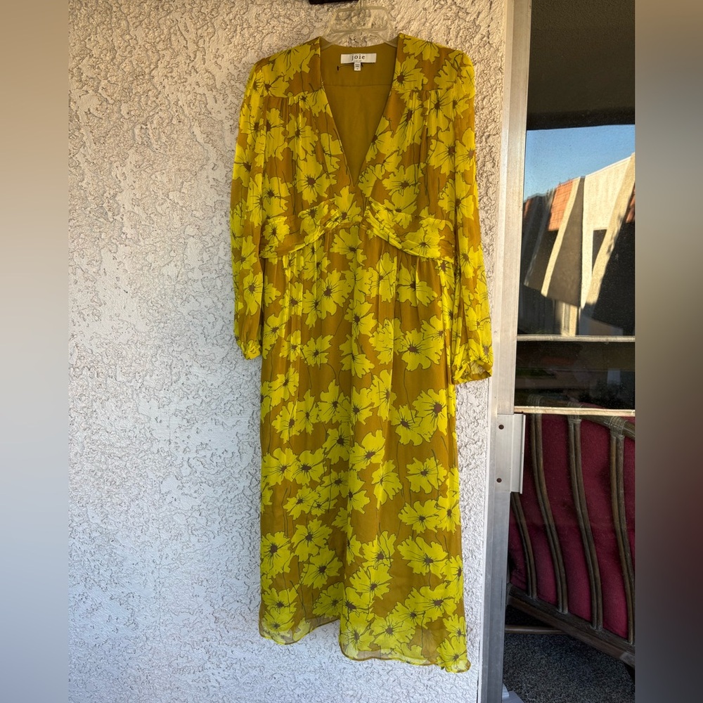 Joie Mustard Yellow Floral Long Sleeve Midi Dress